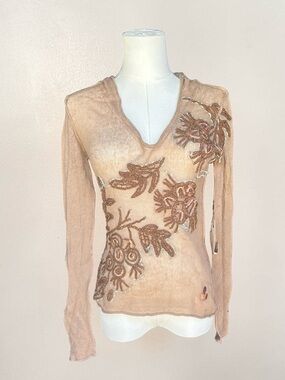 Embroidered Sheer Beige V-Neck Top